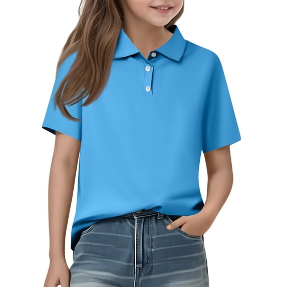 Girls' Short Sleeve Polo Shirt, Classic Collar School Uniform Top, 2-Button Placket Casual Tee, 140