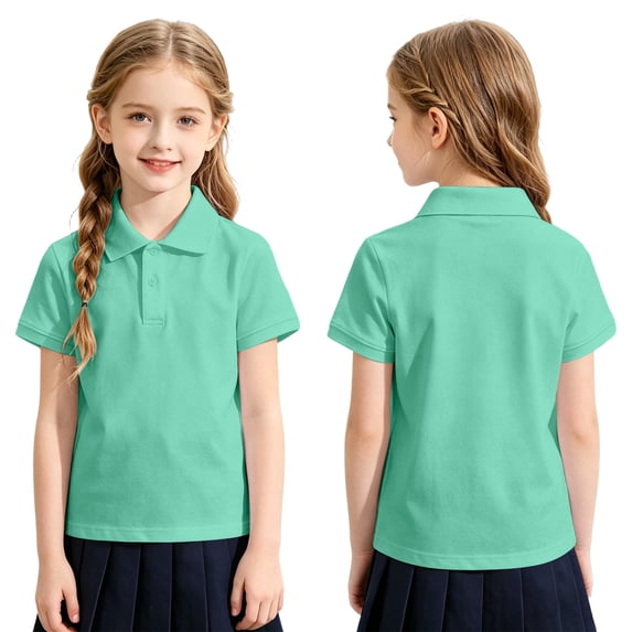 Girls Short Sleeve Polo Shirts Collared School Uniform Golf Pique Shirt Button Casual Tops Mint Green 100