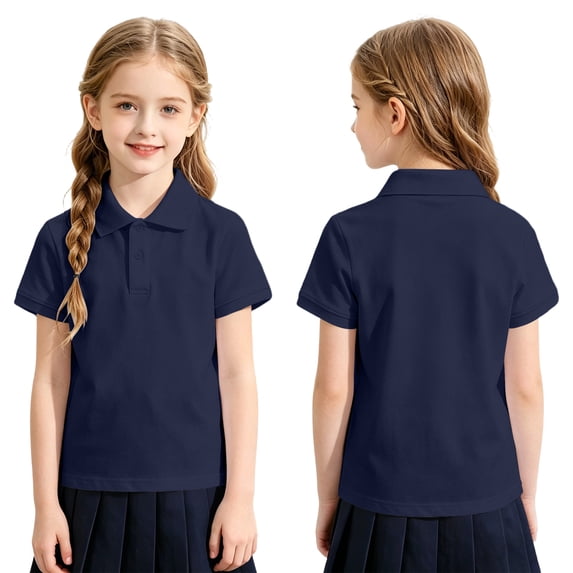 Girls Short Sleeve Polo Shirts Collared School Uniform Golf Pique Shirt Button Casual Tops Navy 100