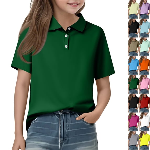 Girls Short Sleeve Polo Shirts Cotton Collared School Uniform Golf Pique Shirt Button Casual Tops,Dark Green,9-10 Years