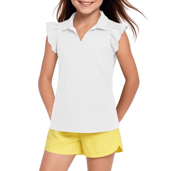 Girls Short Sleeve Polo Shirts Kids Ruffle Puff Sleeve Tops Button Collar School Uniform Shirts 5-14 Years White 100