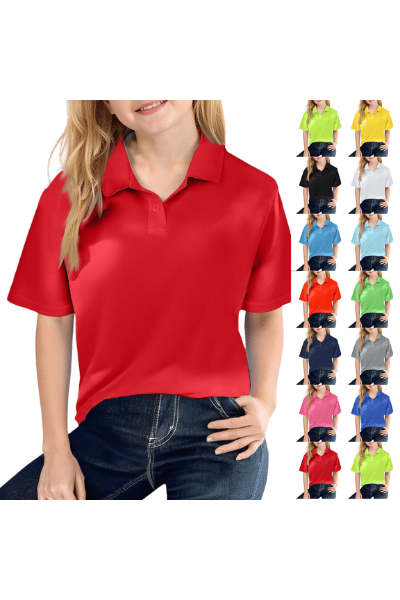 Girls Short Sleeve Polo Shirts Kids School Uniform Pique Polo Shirt 5-14 Years Red 120