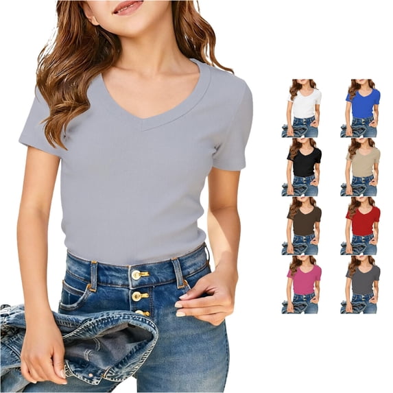 Girls Short Sleeve Ribbed V Neck T Shirt Comfortable Casual Tops for Big Kids and Kidss Soft Breathable Daily Wear Kids Ruffle Outfits 8-9 Years