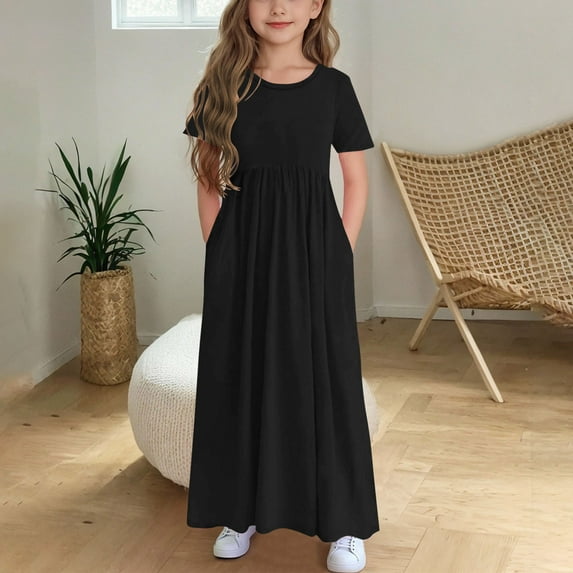 Girls' Short Sleeve Ruffled Pocket Dress with Round Neck and Printed Design