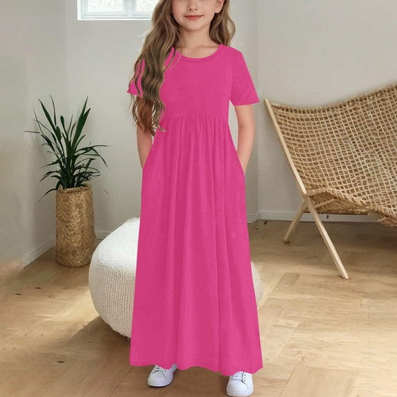 Girls' Short Sleeve Ruffled Pocket Dress with Round Neck and Printed Design