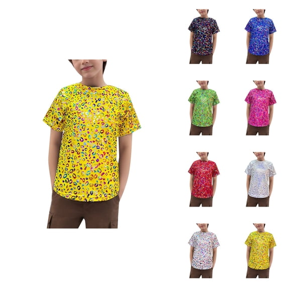 Girls Short Sleeve Sequin Tops Leopard Print Glitter Blouse for Daily Wear & Party Outfits (5-12 Years)