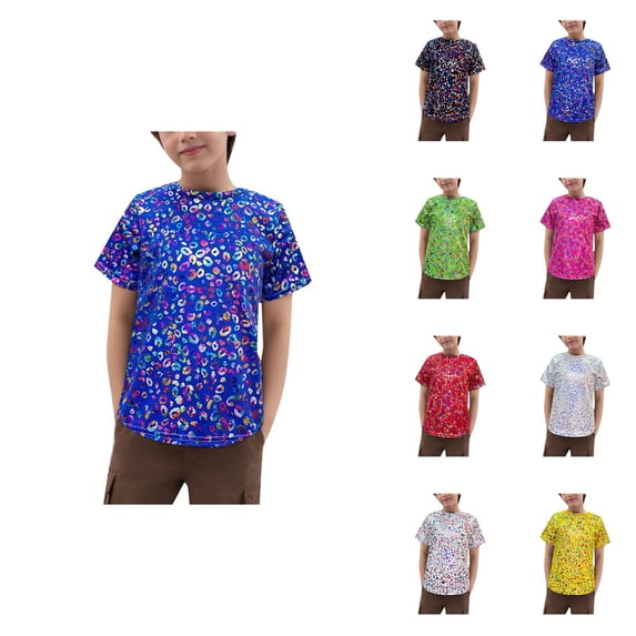 Girls Short Sleeve Sequin Tops Leopard Print Glitter Blouse for Daily Wear & Party Outfits (5-12 Years)