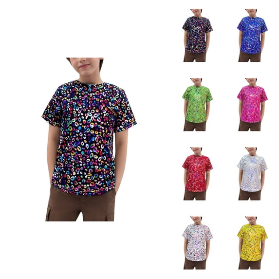 Girls Short Sleeve Sequin Tops Leopard Print Glitter Blouse for Daily Wear & Party Outfits (5-12 Years)