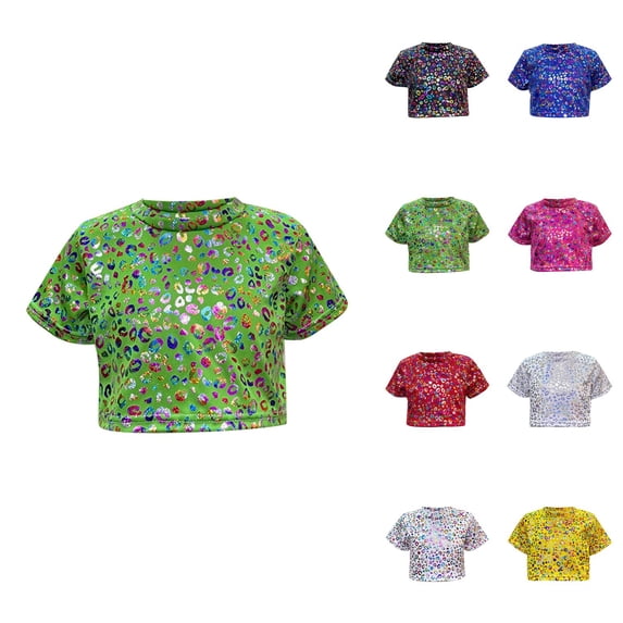 Girls Short Sleeve Sequin Tops Party Glitter Sparkly Blouse for 5-12 Years