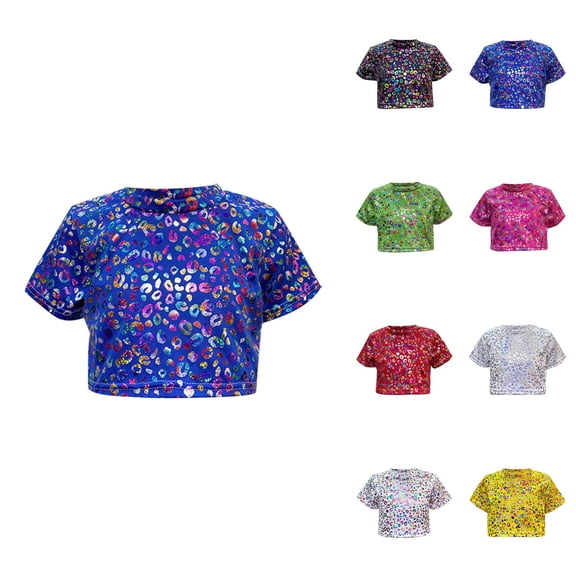 Girls Short Sleeve Sequin Tops Party Glitter Sparkly Blouse for 5-12 Years