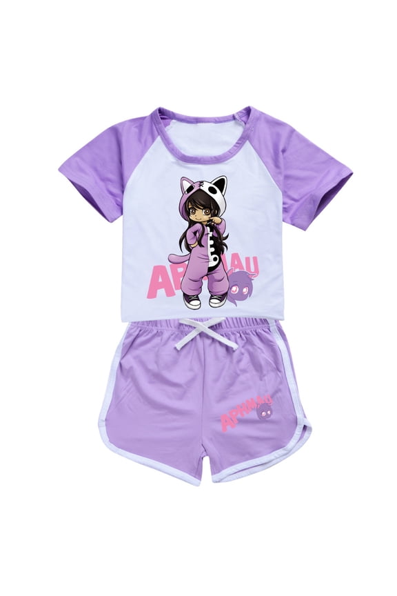 Girls' Short Sleeve Set APHMAU Children's Girls' Short Sleeve Shorts Sports Set Game Cartoon Leisure Set, Suitable for Children Aged 5-13