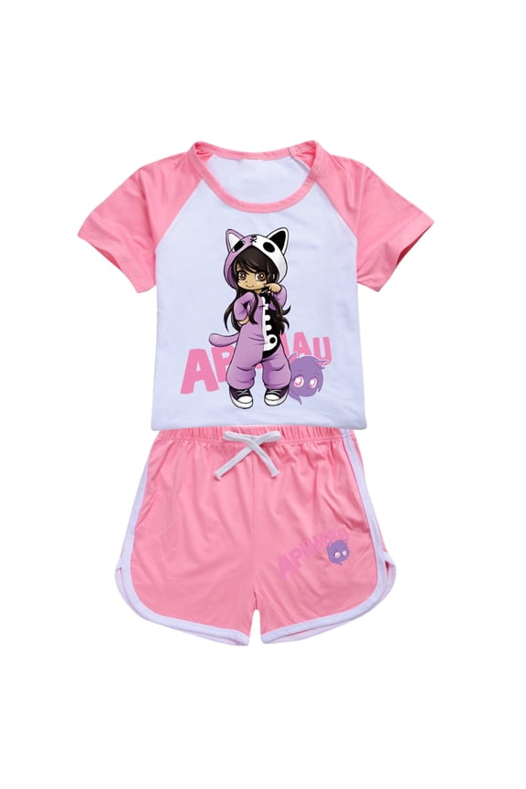 Girls' Short Sleeve Set APHMAU Children's Girls' Short Sleeve Shorts Sports Set Game Cartoon Leisure Set, Suitable for Children Aged 5-13