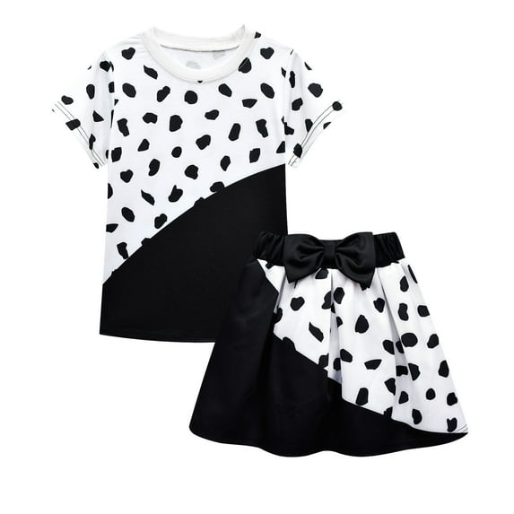 Girls Short Sleeve Shirt Skirt Set Cruella Costume Fancy Party Outfits