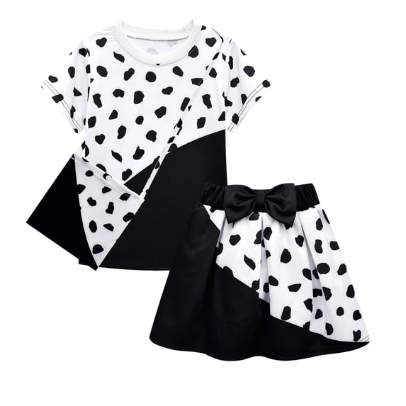 Girls Short Sleeve Shirt Skirt Set Cruella Costume Fancy Party Outfits