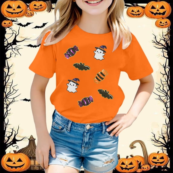 Girls Short Sleeve Shirts Halloween Sequin Pumpkin Printed T-Shirts Fall Halloween Outfits (Orange 4-5 Years)