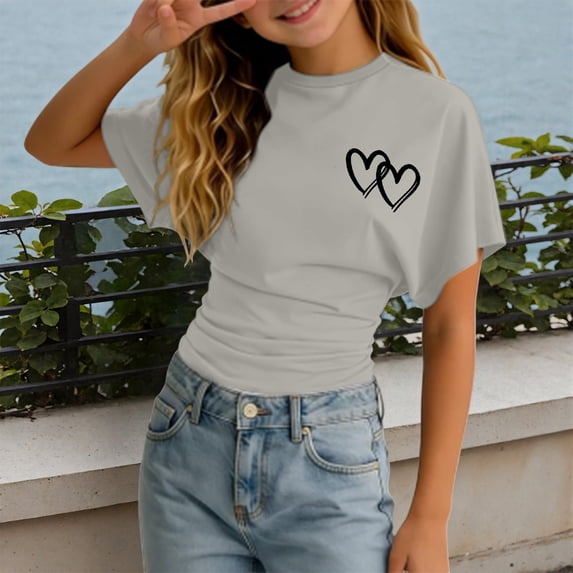 Girls Short Sleeve Shirts Relaxed Fit Casual Stylish Tee Elastic Solid Color Fitted Top Kids Summer Clothing Grey Size 11-12 years