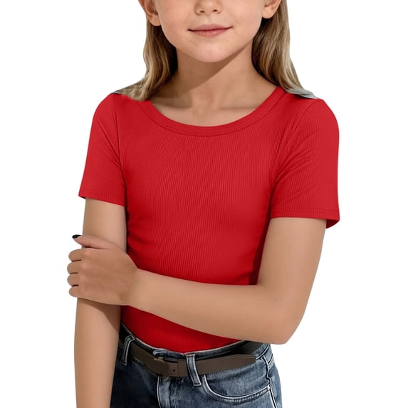 Girls Short Sleeve Shirts Ribbed Knit Soft Slim Fit T Shirts Basic Boat Neck Tops Casual Summer Tees Teen Cute Crew Neck Top
