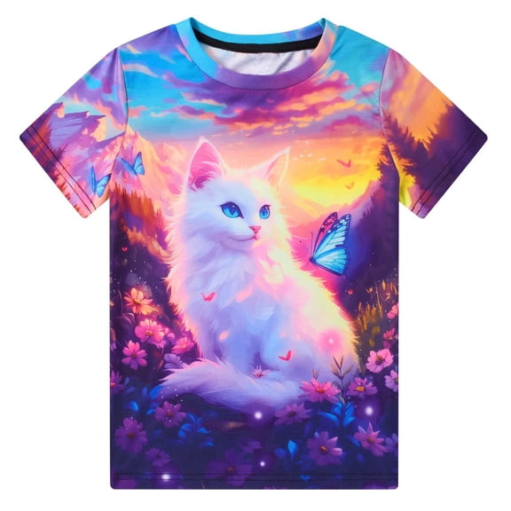 Lanbubble Girls Short Sleeve Graphic T-Shirt Fashion Cat Tee, Sizes 7-12