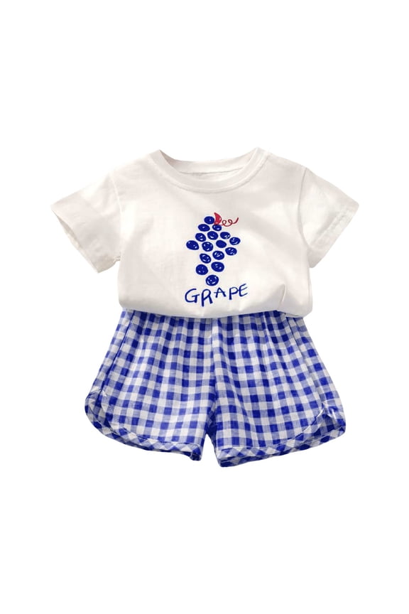 Girls Short Sleeve Shorts Suit Comfortable Fashion Cartoon Fruit Plaid Print Children Two Piece Suit Print Tank Tops Elastic Shorts Pants Set Cartoon Print 2PCS Set Dailywear Set 12-18 Months