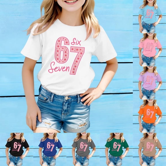Girls Short Sleeve Six Seven Print T Shirts Crew Neck Cute Top Soft Daily Playful Comfortable Casual Basic Tee for Kids Youth Pink 8-9 Y