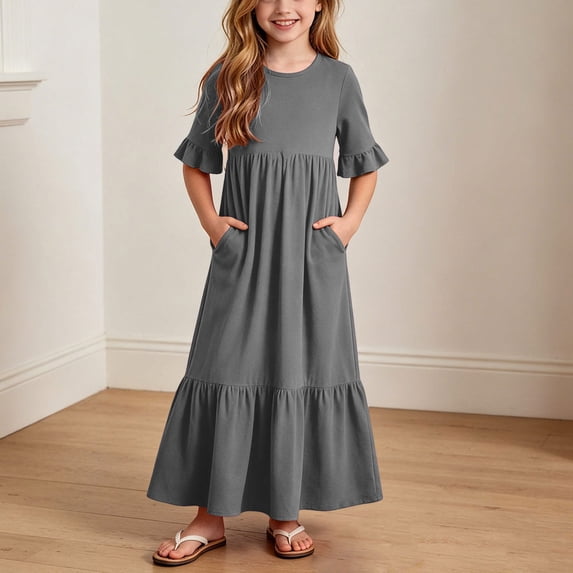 Girls Short Sleeve Smocked Summer Ruffle Dresses with 2 Pockets Crew Neck Casual Party Maxi Dress Gray 13-14 Years