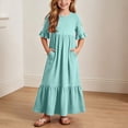 thumbnail image 1 of Girls Short Sleeve Smocked Summer Ruffle Dresses with 2 Pockets Crew Neck Casual Party Maxi Dress Mint Green 11-12 Years, 1 of 7