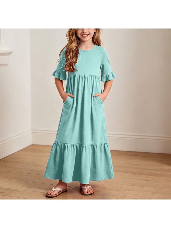 Girls Short Sleeve Smocked Summer Ruffle Dresses with 2 Pockets Crew Neck Casual Party Maxi Dress Mint Green 13-14 Years