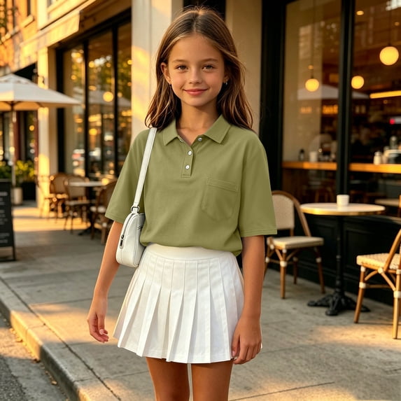 Girls Short Sleeve Soft Comfortable Polo Shirts Button Closure Kids School Uniform Daily Shirts Army Green 100