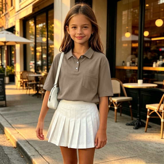 Girls Short Sleeve Soft Comfortable Polo Shirts Button Closure Kids School Uniform Daily Shirts Light Brown 130