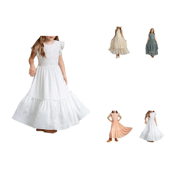 Girls Short Sleeve Solid Color Party Dress with Ruffle Irregular Hem, Bowknot Pleated Tunic for Birthday Wedding Evening Wear