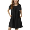 thumbnail image 1 of Girls Short Sleeve Summer Dress Kids Casual Crewneck Loose Beach Short Dresses with Pockets 5-13 Years Black 7-8 Years, 1 of 6