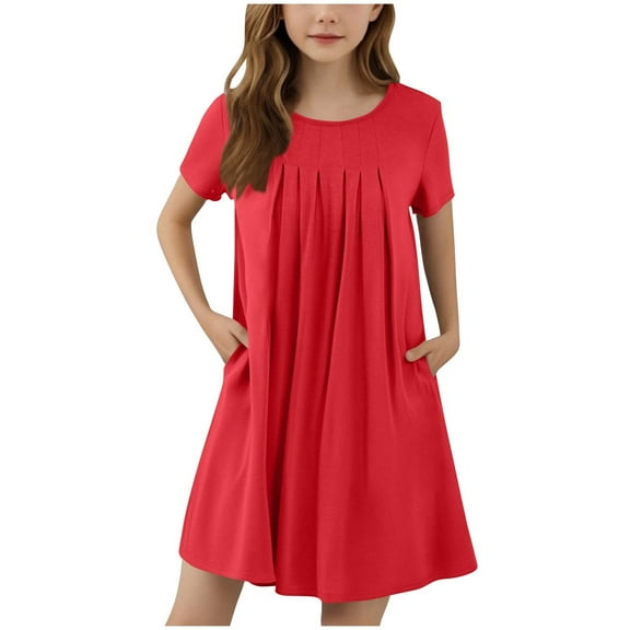 Girls Short Sleeve Summer Dress Kids Casual Crewneck Loose Beach Short Dresses with Pockets 5-13 Years Red 7-8 Years