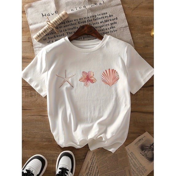 Girls' Short-Sleeve Summer T-Shirt - Pure Cotton, Breathable & Comfortable, Round Neck, Loose Fit with Starfish & Seashell Graphic Design, Casual Summer Top for Youngsters & Teens