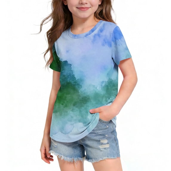 Girls Short Sleeve T-Shirt Artistic Watercolor Abstract Printed Tops Active Daily Playwear Casual Graphic Tees Trendy Outfits for Teen