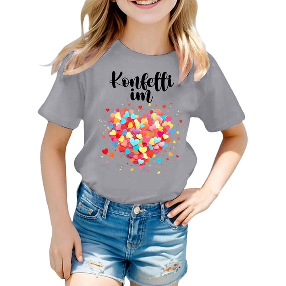Girls Short Sleeve T Shirt Basic Crewneck Tees Kids Heart Printing Summer Tops 1-14 Years