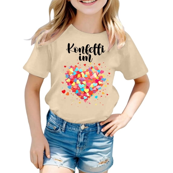 Girls Short Sleeve T Shirt Basic Crewneck Tees Kids Heart Printing Summer Tops 1-14 Years