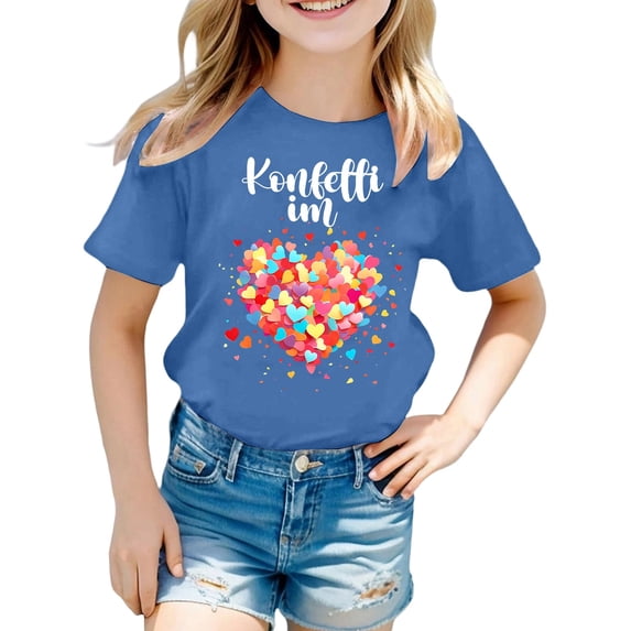 Girls Short Sleeve T Shirt Basic Crewneck Tees Kids Heart Printing Summer Tops 1-14 Years