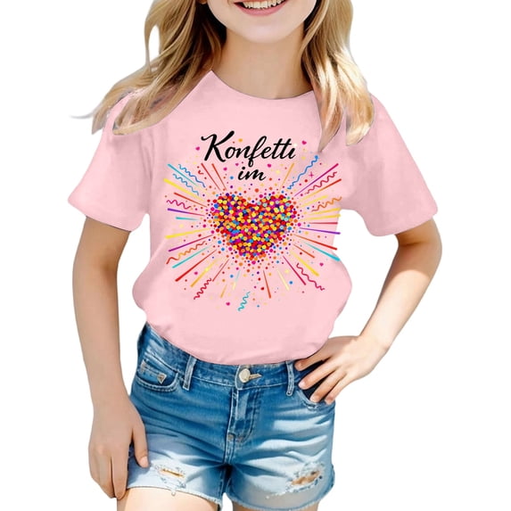 Girls Short Sleeve T Shirt Crewneck Tees Kids Firework Printing Summer Tops Basic 1-14 Years