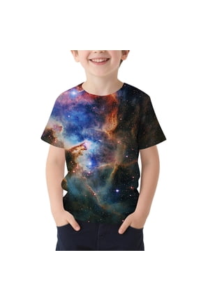 Girls Short Sleeve T-Shirt Galaxy Space Print Multicolor Top Soft Stretchy Tee Ages 3-15 Years Polyester Spandex,Size 3-4T