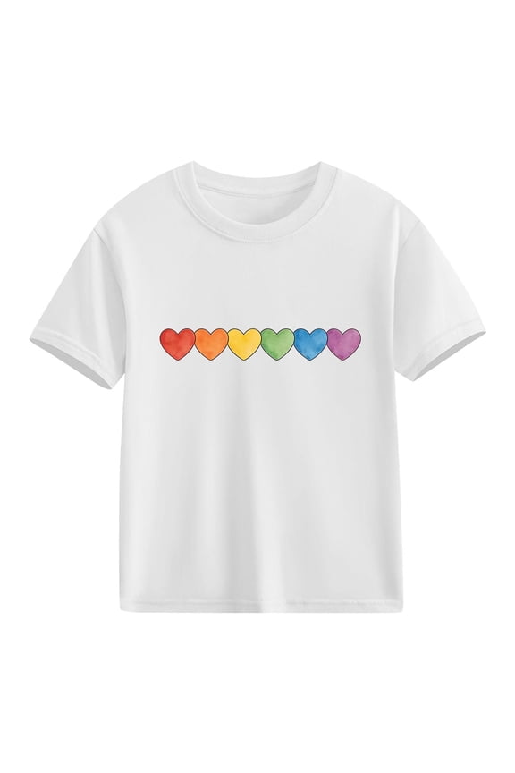 Girls Short Sleeve T-Shirt White Cotton Kids Top with Rainbow Hearts Print | Casual Crew Neck Shirt for Ages 4-12 | Sizes 4T, 5T, 6, 8, 10, 12,Size 4 T