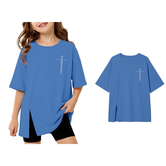 Girls Short Sleeve T Shirts Blue Oversized Crew Neck Side Split Tops Loose Fit Casual Basic Summer Tees 8-9 Years