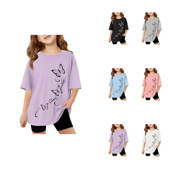 Girls Short Sleeve T-Shirts, Casual Comfortable Cotton Crewneck Tees for Kids 3-14 Years