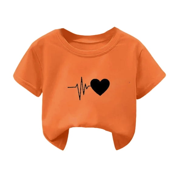 Girls Short Sleeve T-Shirts Casual Loose Fit Heart Print Crewneck Basic Graphic Tees for Kids 5-14 Years