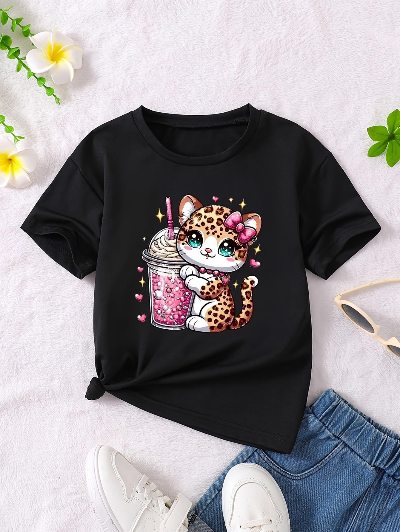Girls Short-Sleeve T-Shirts Children's T-shirt Cartoon Milk Tea Cat ...