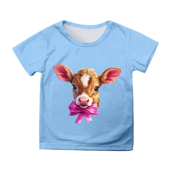 Girls Short Sleeve T Shirts Easter Cow Graphics Crew Neck Tee for Kids(Big Girls)