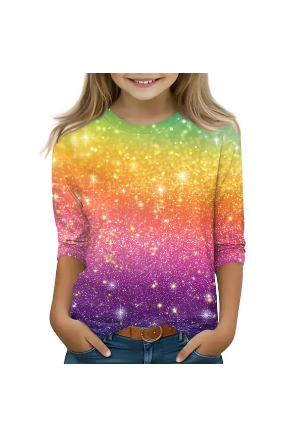 Girls Short Sleeve T Shirts Glitter Gradient Crew Neck Kids Casual Daily Summer Tops Yellow 110