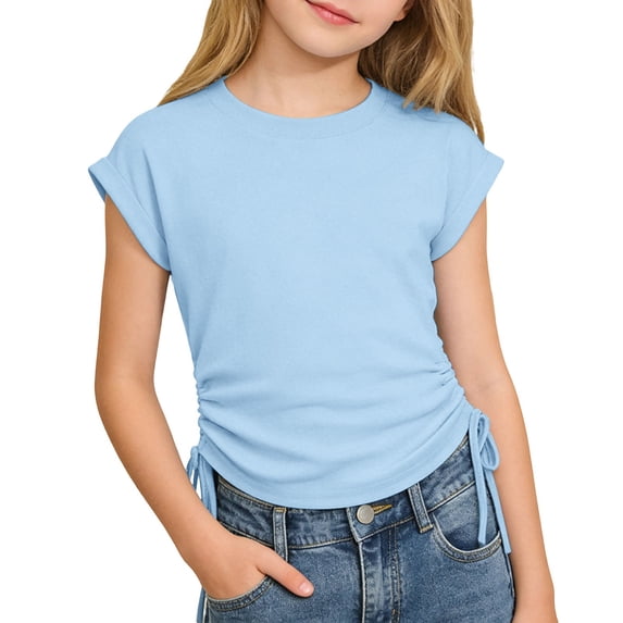 Girls Short Sleeve T Shirts Kids Ruched Side Slim Fit Tops Casual Crewneck Tees 6-34 Years