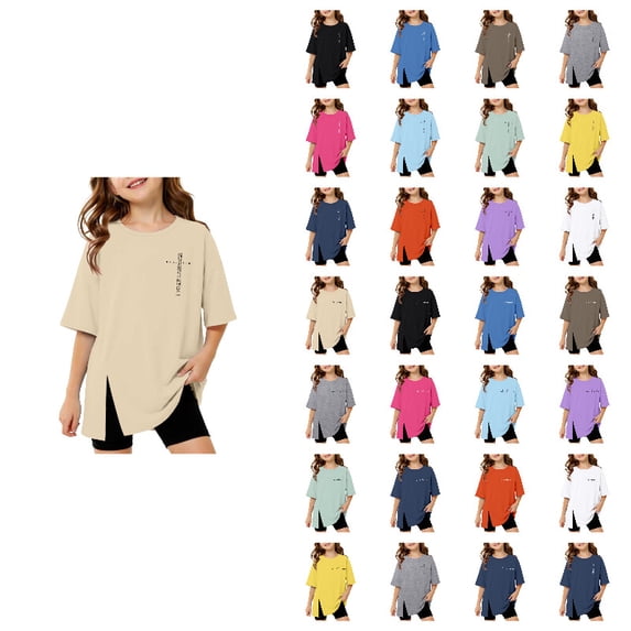 Girls Short Sleeve T Shirts Kids Side Slit Cute Print Beige Summer T Shirt Baggy Tops Casual Crewneck Basic Tees 15-16 Years