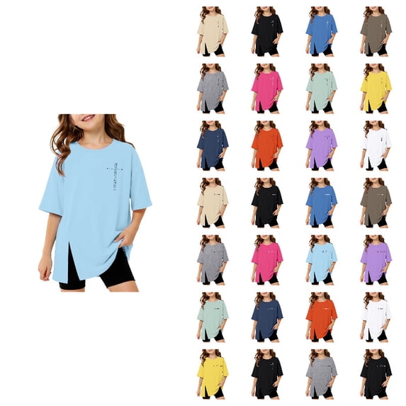 Girls Short Sleeve T Shirts Kids Side Slit Cute Print Blue Summer T Shirt Baggy Tops Casual Crewneck Basic Tees 13-14 Years