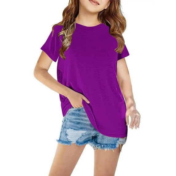 Girls Short Sleeve T Shirts, Kids Summer Cotton Shirt Tops Solid Color Crewneck Tee Tops Purple 11Y